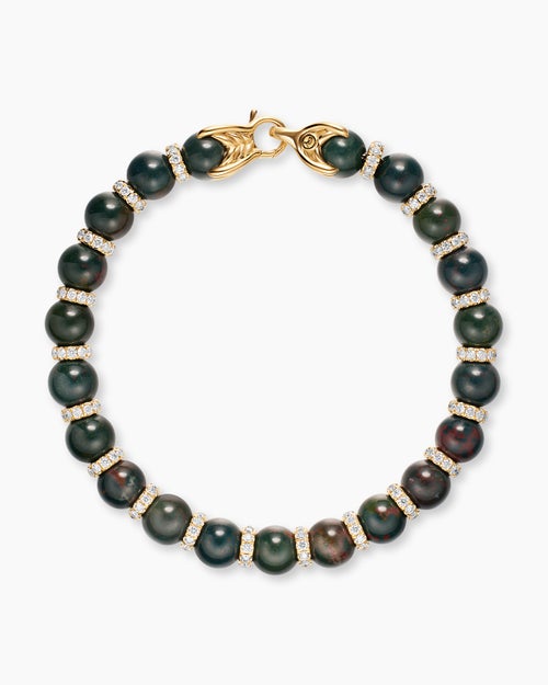 Mens Spiritual Beads Bracelet in 18K Yellow Gold with Bloodstone and Diamonds, 8mm