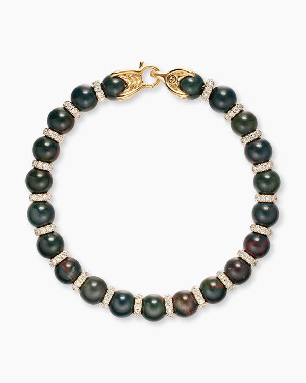Spiritual Beads Bracelet in 18K Yellow Gold with Bloodstone and Diamonds, 8mm