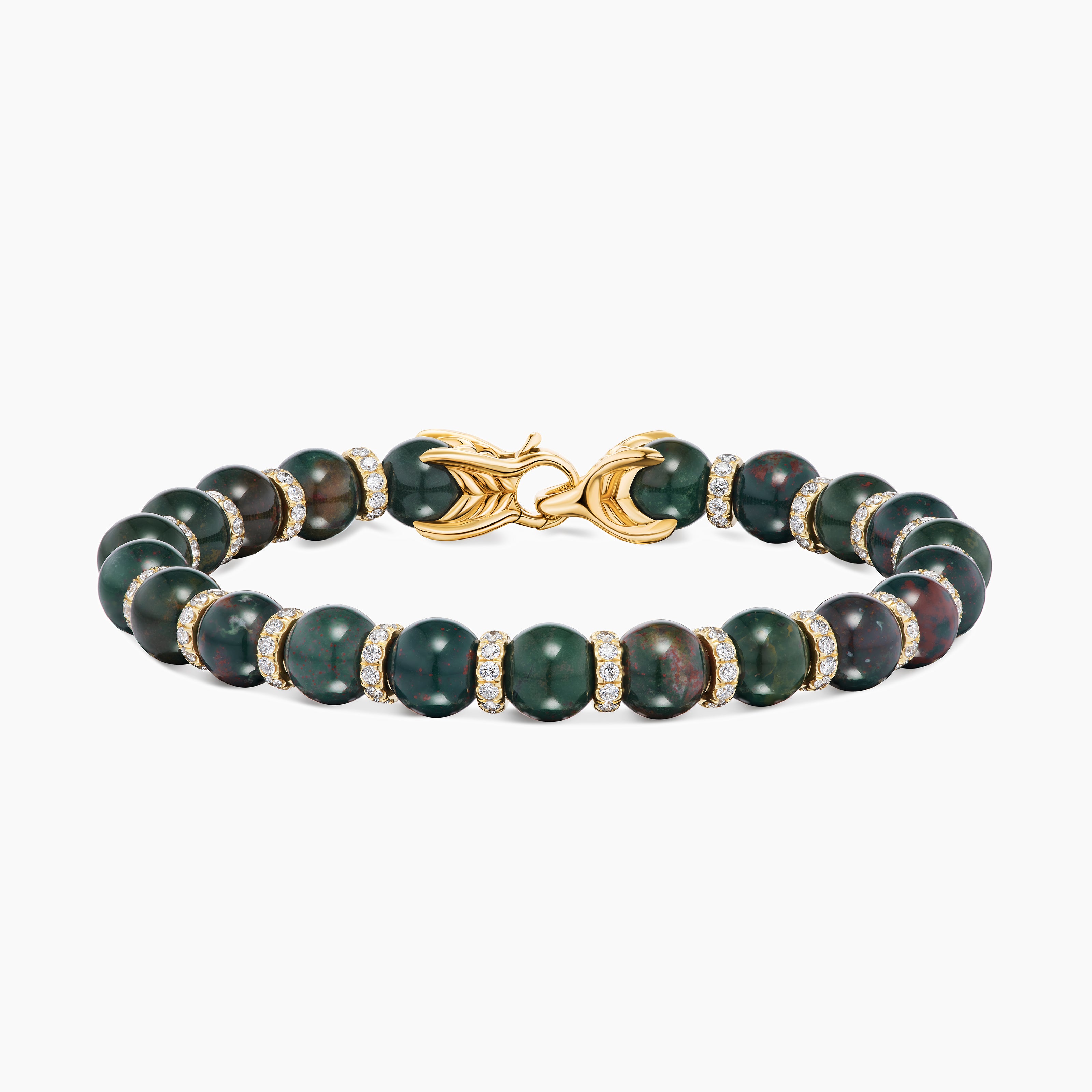 Mens Spiritual Beads Bracelet in 18K Yellow Gold with Bloodstone and Diamonds, 8mm