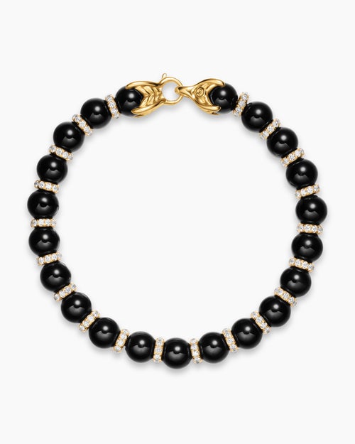 Mens Spiritual Beads Bracelet in 18K Yellow Gold with Black Onyx and Diamonds, 8mm