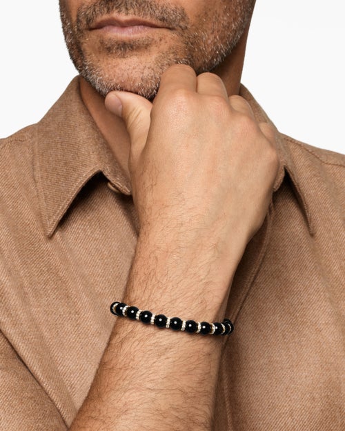 Mens Spiritual Beads Bracelet in 18K Yellow Gold with Black Onyx and Diamonds, 8mm