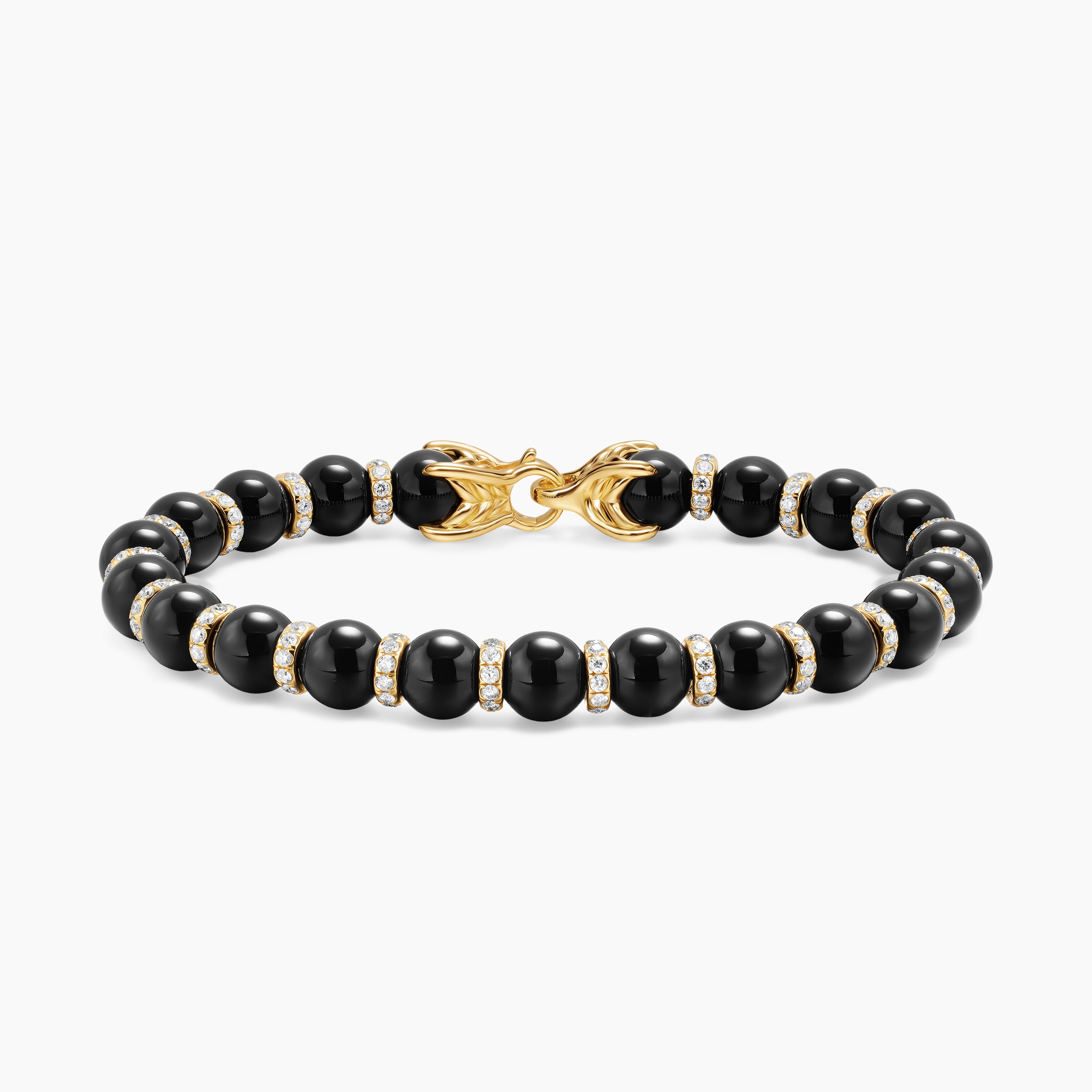 Mens Spiritual Beads Bracelet in 18K Yellow Gold with Black Onyx and Diamonds, 8mm