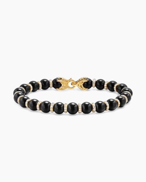 Mens Spiritual Beads Bracelet in 18K Yellow Gold with Black Onyx and Diamonds, 8mm
