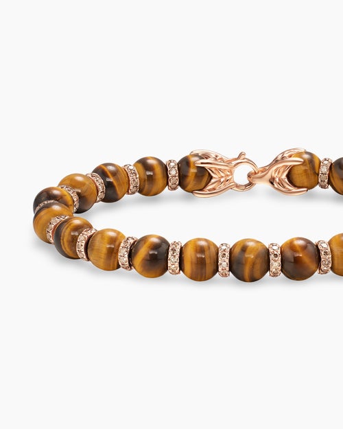 Mens Spiritual Beads Bracelet in 18K Rose Gold with Tiger's Eye and Cognac Diamonds, 8mm
