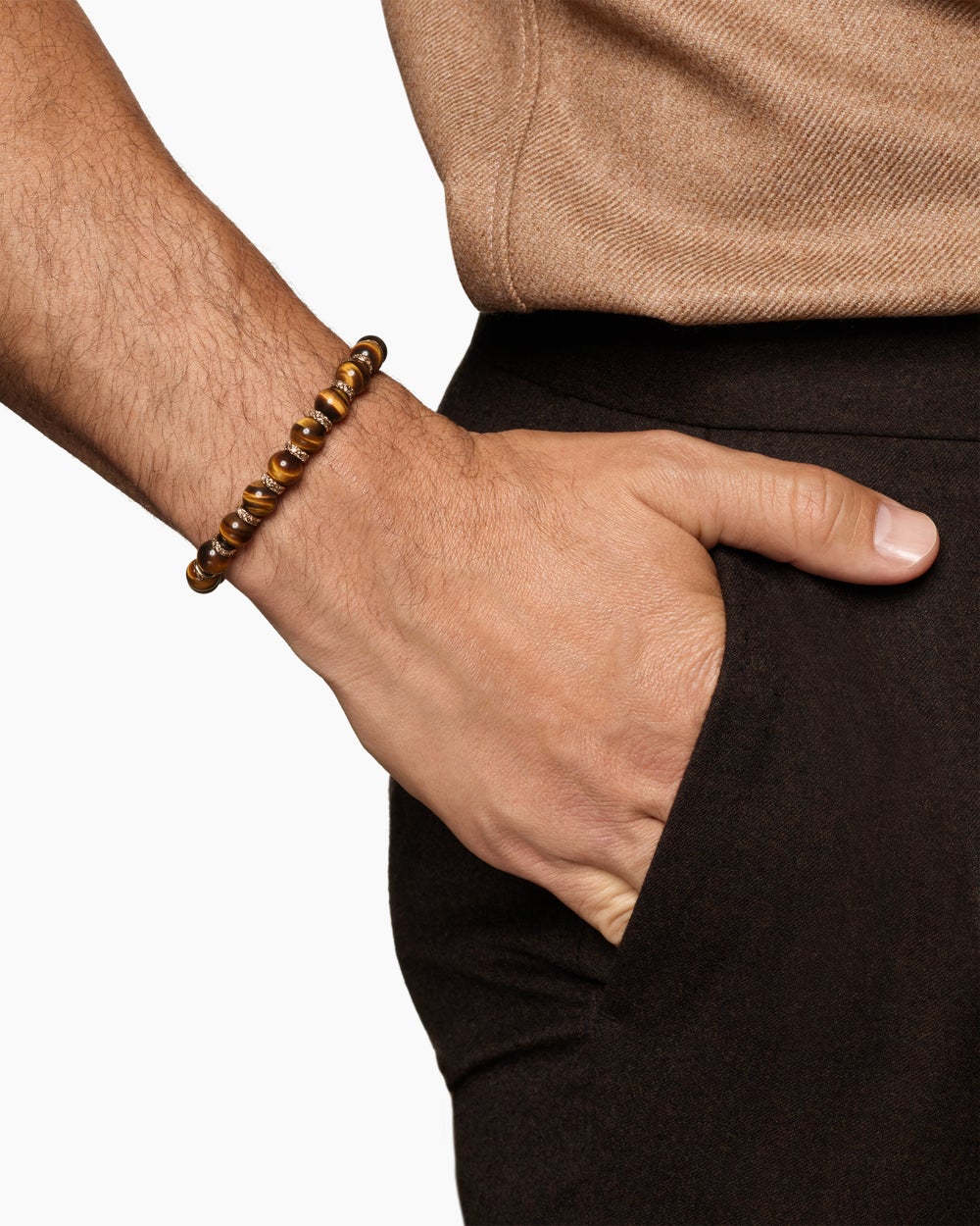 Mens Spiritual Beads Bracelet in 18K Rose Gold with Tiger's Eye and Cognac Diamonds, 8mm