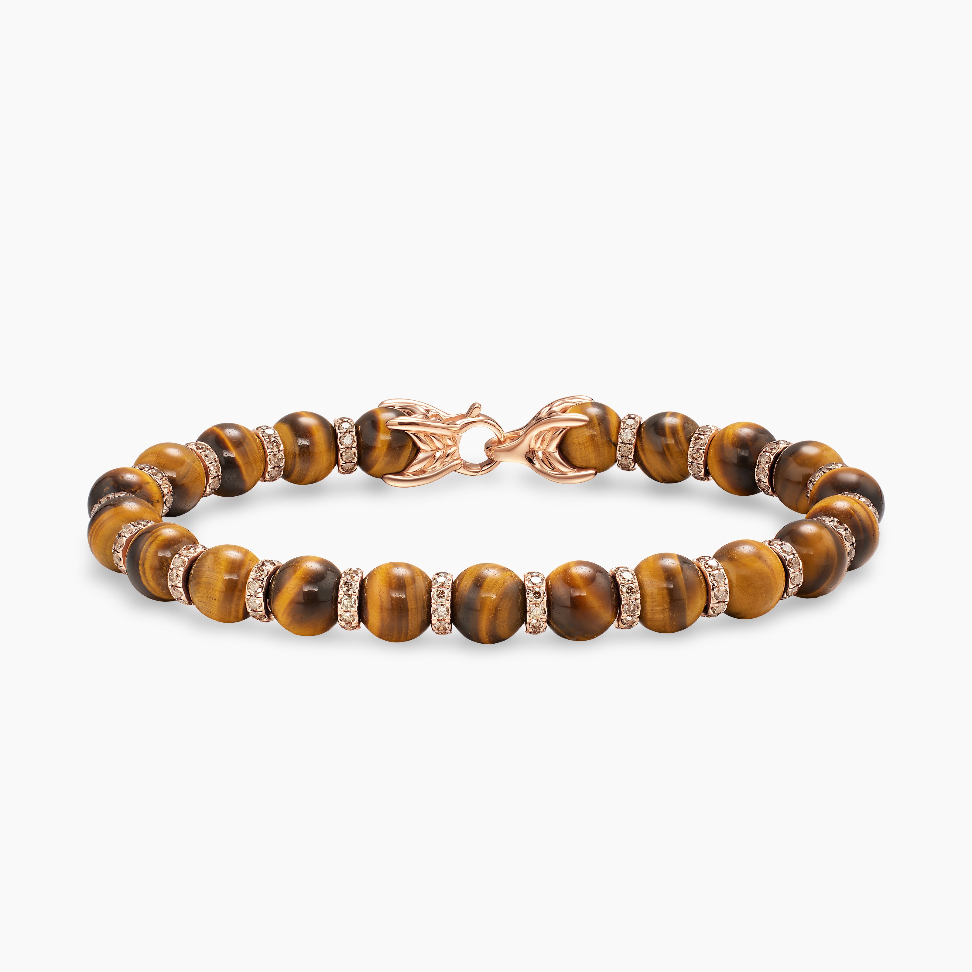 Mens Spiritual Beads Bracelet in 18K Rose Gold with Tiger's Eye and Cognac Diamonds, 8mm