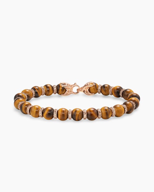 Mens Spiritual Beads Bracelet in 18K Rose Gold with Tiger's Eye and Cognac Diamonds, 8mm