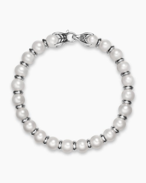 Mens Spiritual Beads Bracelet in Sterling Silver with Pearls, 8mm