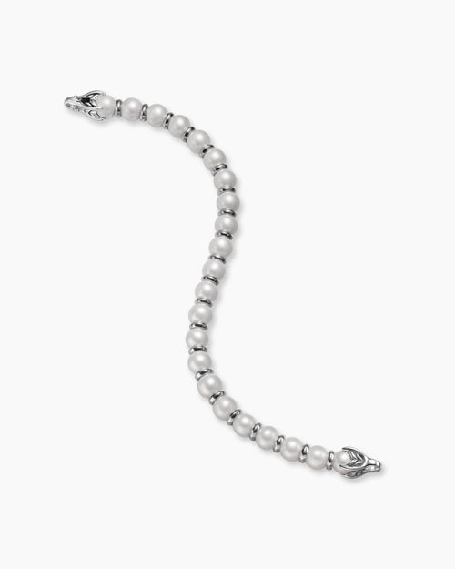 Mens Spiritual Beads Bracelet in Sterling Silver with Pearls, 8mm