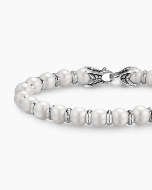Mens Spiritual Beads Bracelet in Sterling Silver with Pearls, 8mm