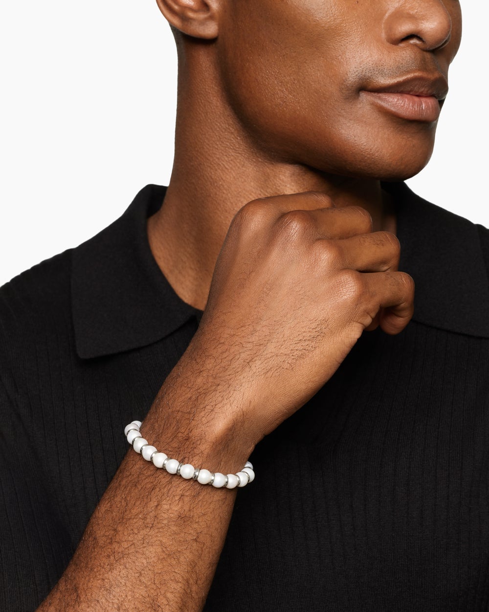 Mens Spiritual Beads Bracelet in Sterling Silver with Pearls, 8mm