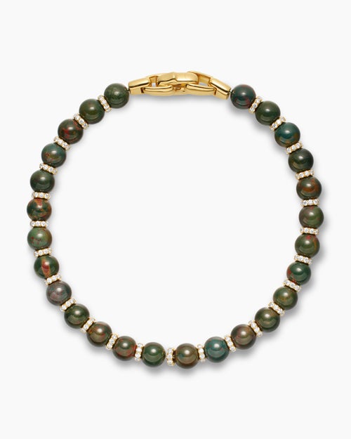 Mens Spiritual Beads Bracelet in 18K Yellow Gold with Bloodstone and Diamonds, 6mm