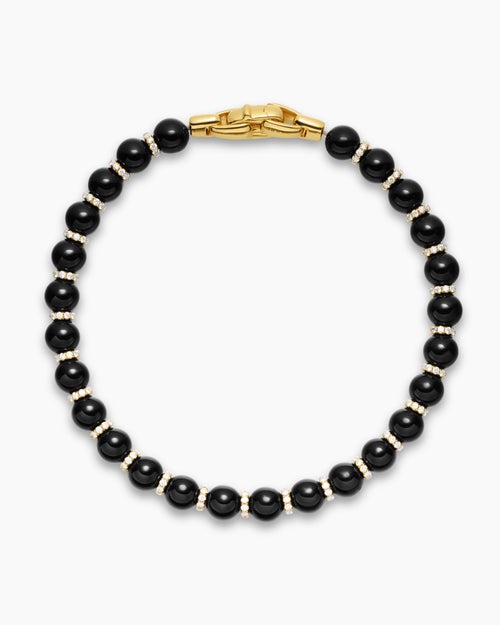 Mens Spiritual Beads Bracelet in 18K Yellow Gold with Black Onyx and Diamonds, 6mm