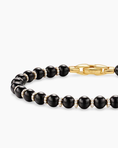 Mens Spiritual Beads Bracelet in 18K Yellow Gold with Black Onyx and Diamonds, 6mm