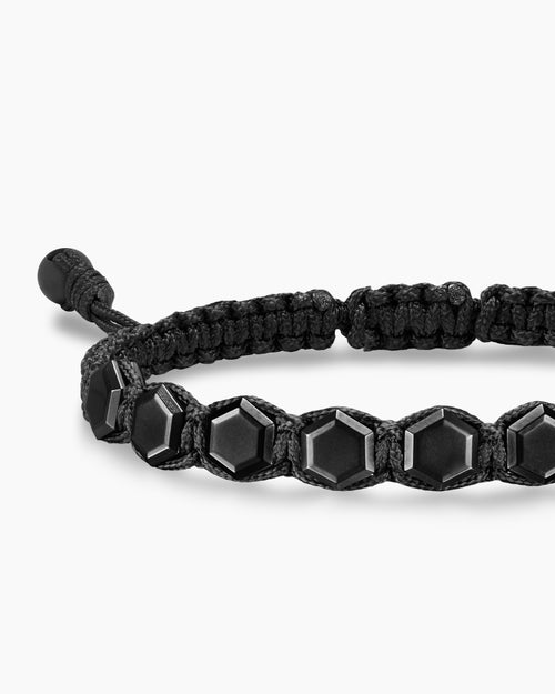 Mens Faceted Woven Bracelet in Black Titanium with Black Nylon and Black Onyx, 8mm