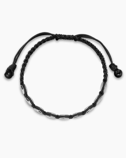 Mens Faceted Woven Bracelet in Sterling Silver with Black Nylon and Black Onyx, 8mm