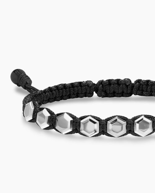 Mens Faceted Woven Bracelet in Sterling Silver with Black Nylon and Black Onyx, 8mm