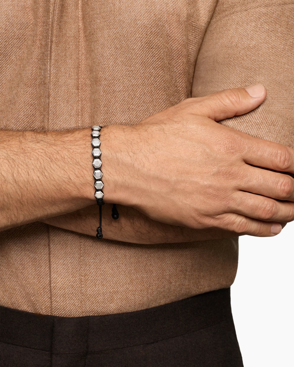Mens Faceted Woven Bracelet in Sterling Silver with Black Nylon and Black Onyx, 8mm