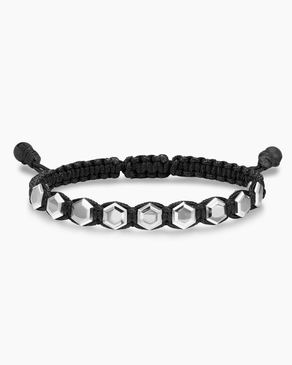 Mens Faceted Woven Bracelet in Sterling Silver with Black Nylon and Black Onyx, 8mm