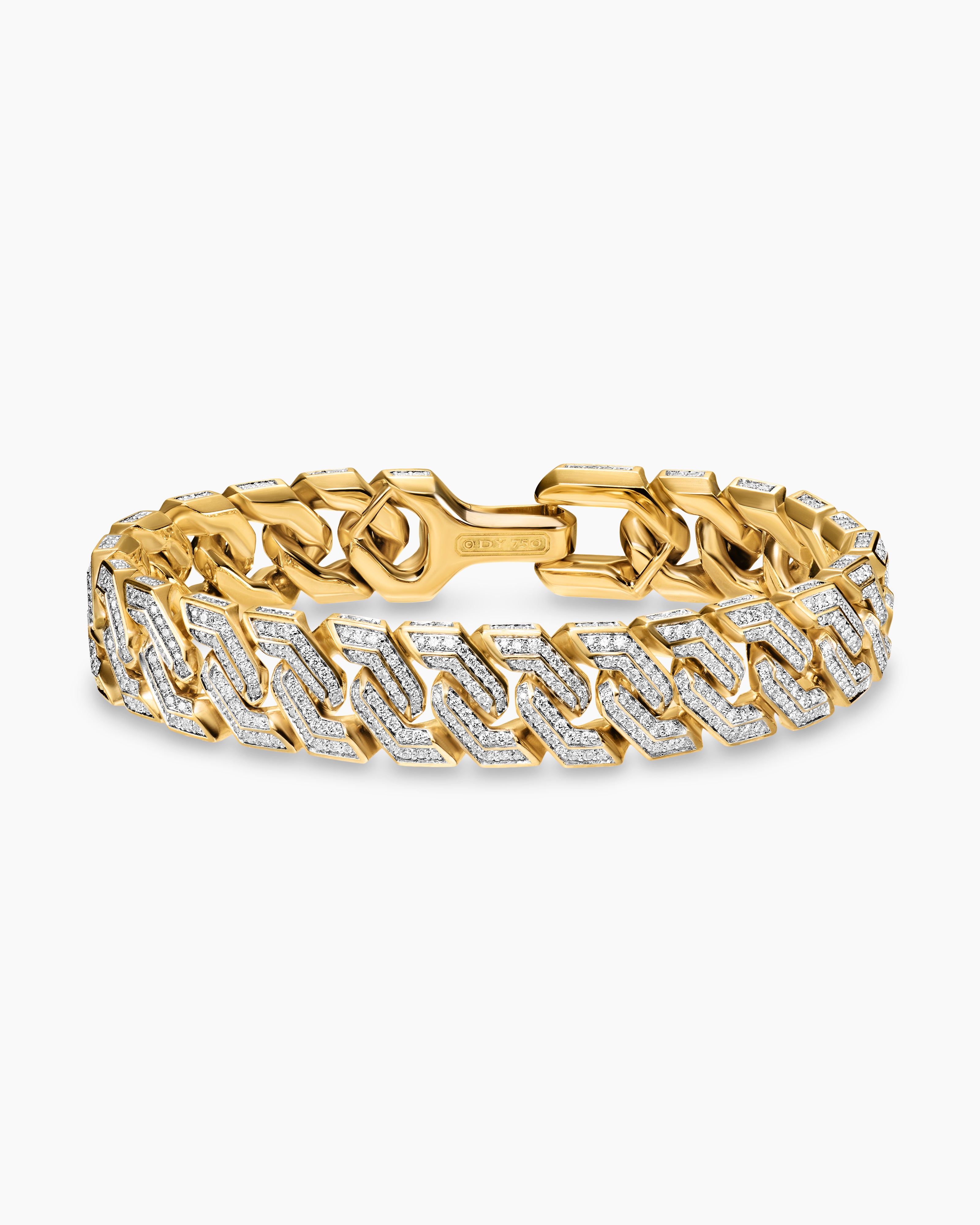Mens Pav&eacute; Angular Curb Chain Bracelet in 18K Yellow Gold, 14.5mm