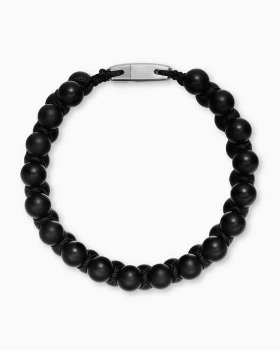 Spiritual Beads Two Row Woven Bracelet with Black Onyx, Black Nylon and Sterling Silver, 8mm