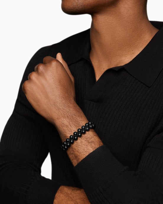 Spiritual Beads Two Row Woven Bracelet with Black Onyx, Black Nylon and Sterling Silver, 8mm