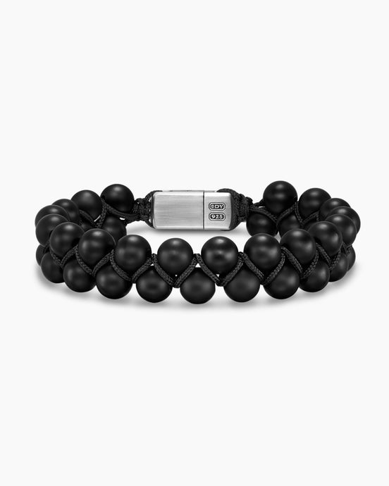 Spiritual Beads Two Row Woven Bracelet with Black Onyx, Black Nylon and Sterling Silver, 8mm