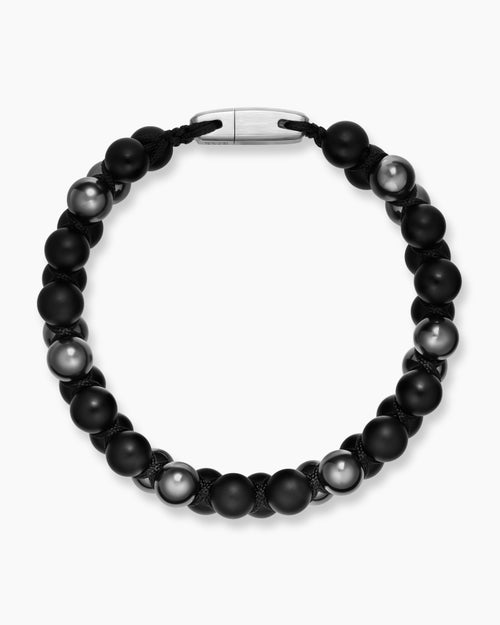 Mens Spiritual Beads Two Row Woven Bracelet with Black Onyx, Hematine, Black Nylon and Sterling Silver, 8mm