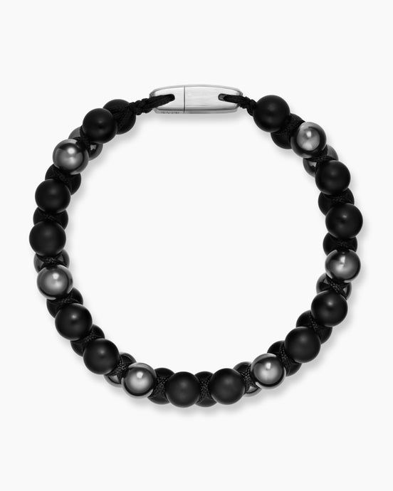 Spiritual Beads Two Row Woven Bracelet with Black Onyx, Hematine, Black Nylon and Sterling Silver, 8mm