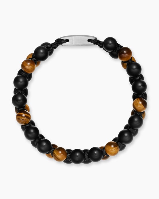 Spiritual Beads Two Row Woven Bracelet with Black Onyx, Tiger's Eye, Black Nylon and Sterling Silver, 8mm