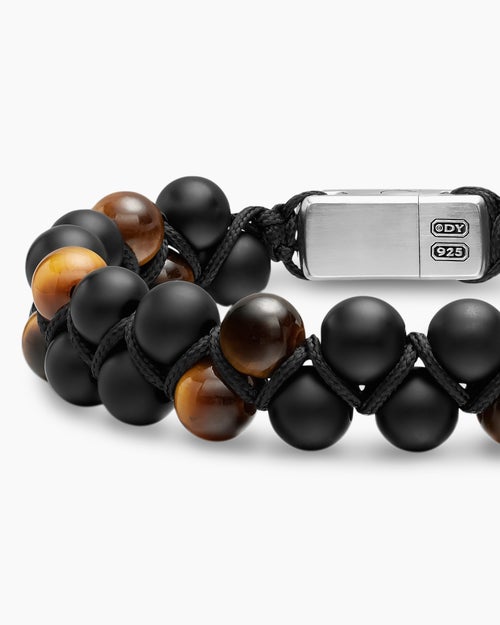 Mens Spiritual Beads Two Row Woven Bracelet with Sterling Silver, 8mm
