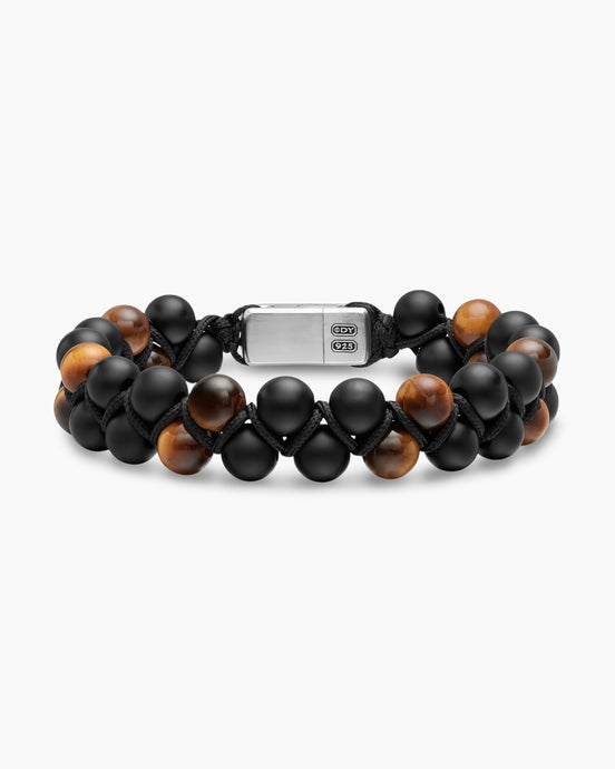 Spiritual Beads Two Row Woven Bracelet with Black Onyx, Tiger's Eye, Black Nylon and Sterling Silver, 8mm
