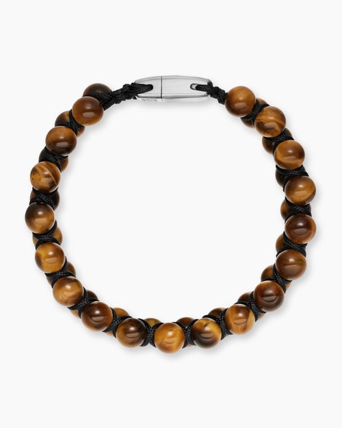 Mens Spiritual Beads Two Row Woven Bracelet with Tiger's Eye, Black Nylon and Sterling Silver, 8mm