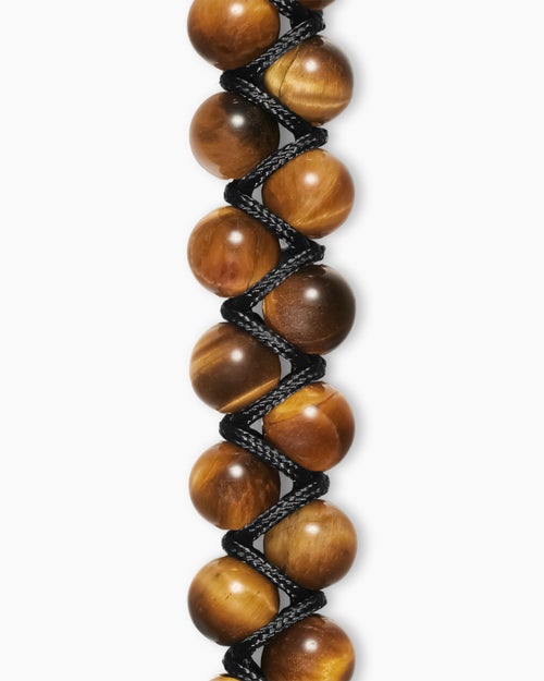 Mens Spiritual Beads Two Row Woven Bracelet with Tiger's Eye, Black Nylon and Sterling Silver, 8mm