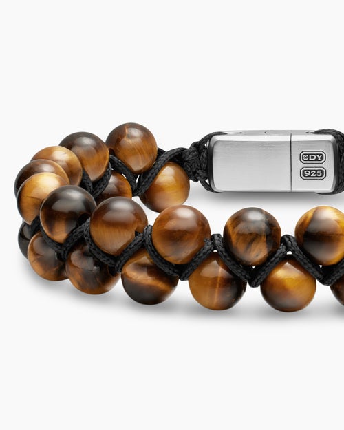 Mens Spiritual Beads Two Row Woven Bracelet with Tiger's Eye, Black Nylon and Sterling Silver, 8mm