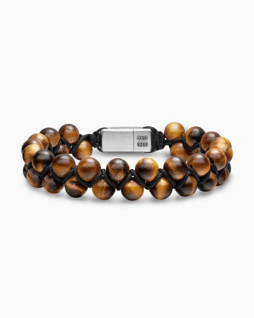 Mens Spiritual Beads Two Row Woven Bracelet with Tiger's Eye, Black Nylon and Sterling Silver, 8mm