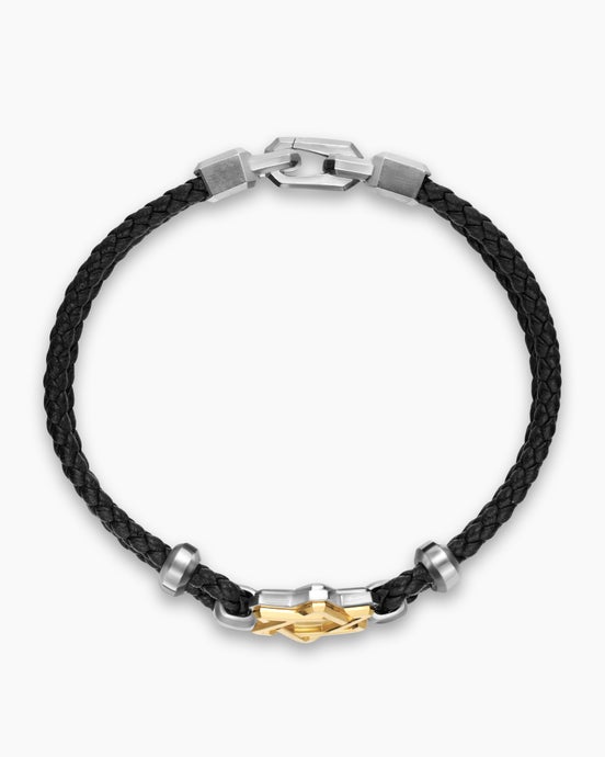 Streamline® Star of David Bracelet in Black Leather with Sterling Silver and 14K Yellow Gold, 6mm