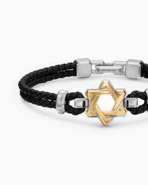 Mens Streamline Star of David Leather Bracelet with Sterling Silver and 14K Yellow Gold, 6mm