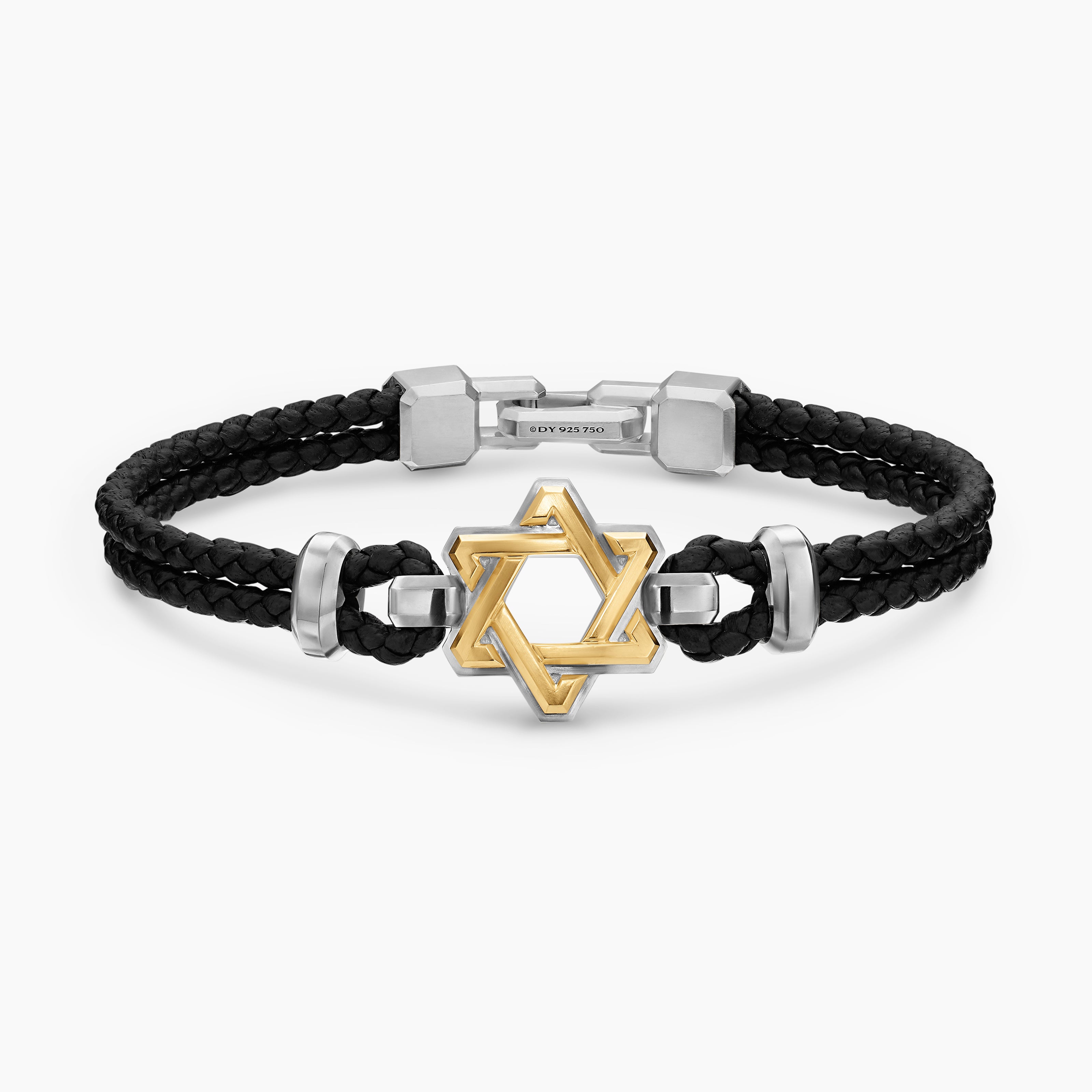 Mens Streamline Star of David Leather Bracelet with Sterling Silver and 14K Yellow Gold, 6mm