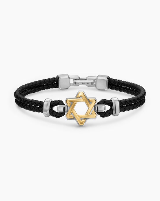 Streamline® Star of David Bracelet in Black Leather with Sterling Silver and 14K Yellow Gold, 6mm