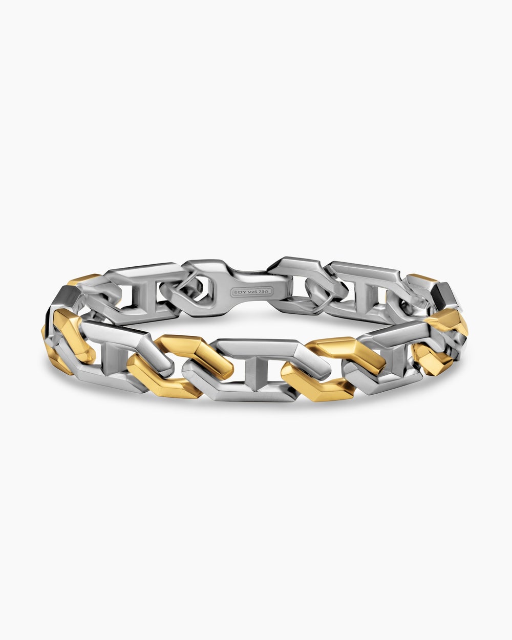 Mens Faceted Angular Curb Chain Bracelet in Sterling Silver with 14K Yellow Gold, 11.5mm