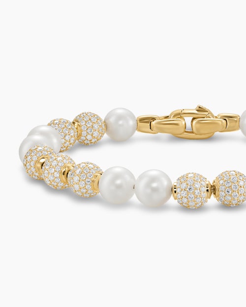 Mens Spiritual Beads Pearl and Pavé Bracelet in 18K Yellow Gold, 8mm