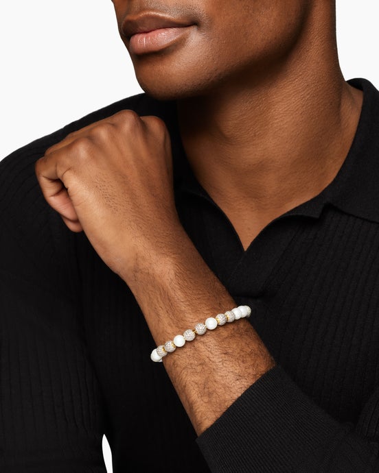 Spiritual Beads Pearl and Pavé Bracelet in 18K Yellow Gold with Diamonds, 8mm