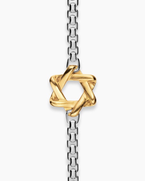 Mens Star of David Station Bracelet in Sterling Silver with 14K Yellow Gold, 3.6mm