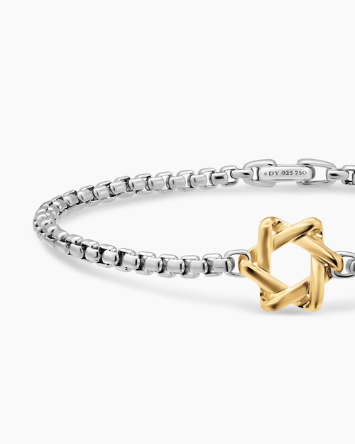 Mens Star of David Station Bracelet in Sterling Silver with 14K Yellow Gold, 3.6mm