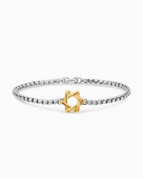 Mens Star of David Station Bracelet in Sterling Silver with 14K Yellow Gold, 3.6mm