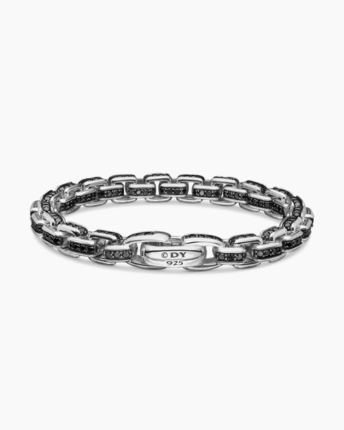 Mens Box Chain Bracelet in Sterling Silver with Black Diamonds, 7.3mm