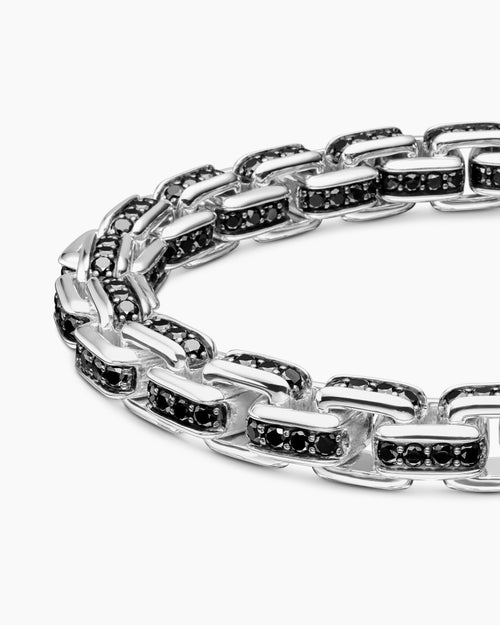 Mens Box Chain Bracelet in Sterling Silver with Black Diamonds, 7.3mm