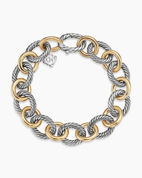 Womens Oval Link Chain Bracelet in Sterling Silver with 18K Yellow Gold, 12mm