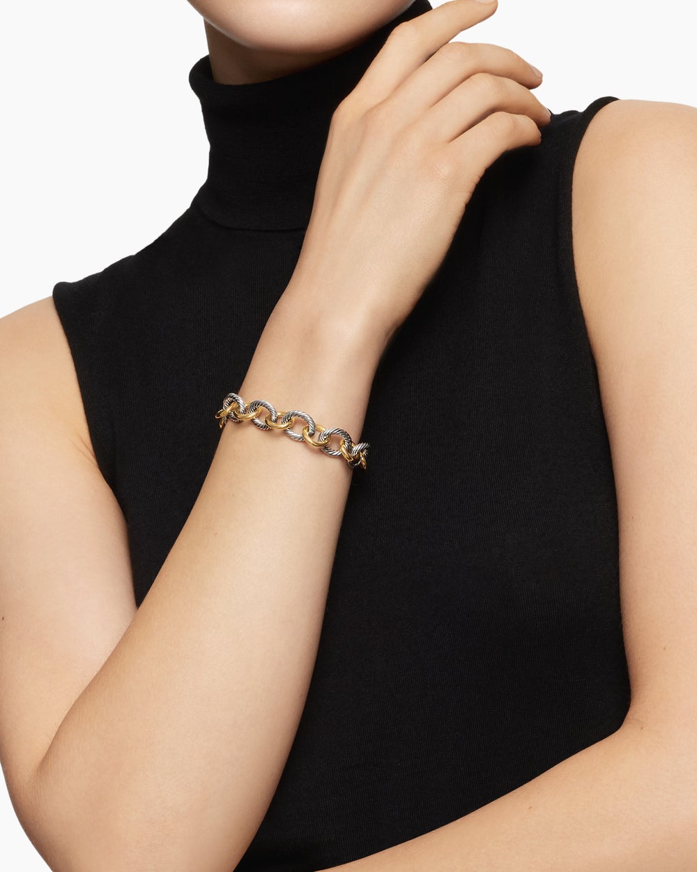 Womens Oval Link Chain Bracelet in Sterling Silver with 18K Yellow Gold, 12mm